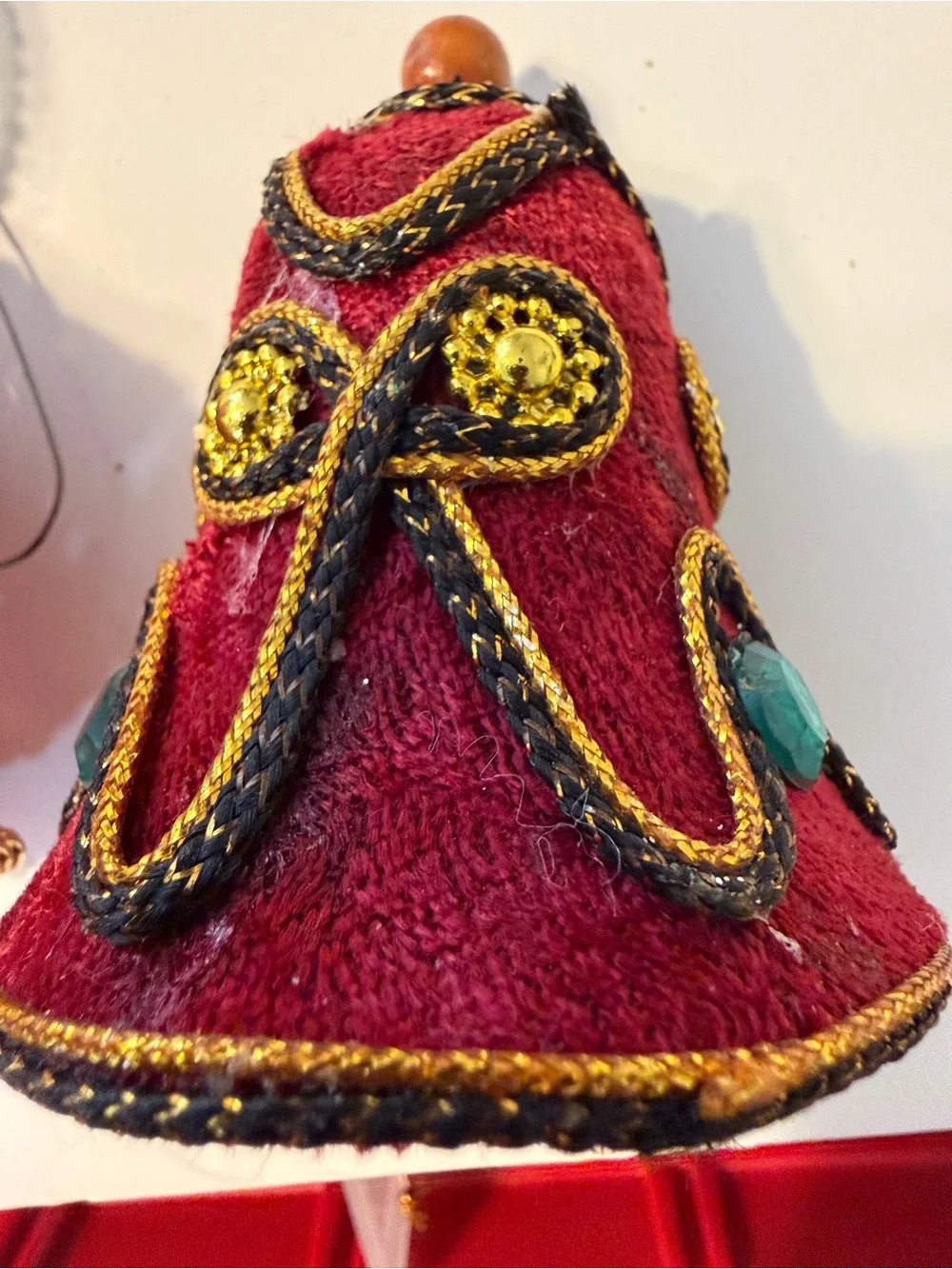 Vintage Christmas Beaded Velvet Bell Bauble Ornaments Small Red Set Of 2 Hanging